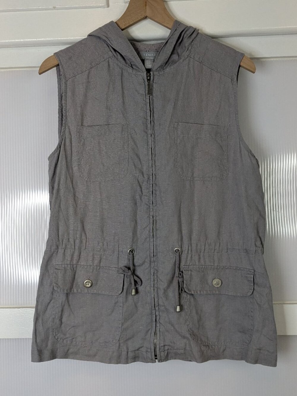 Kenar Gray Vest 100% Linen Safari Pockets Size Medium Hood Pockets Utility